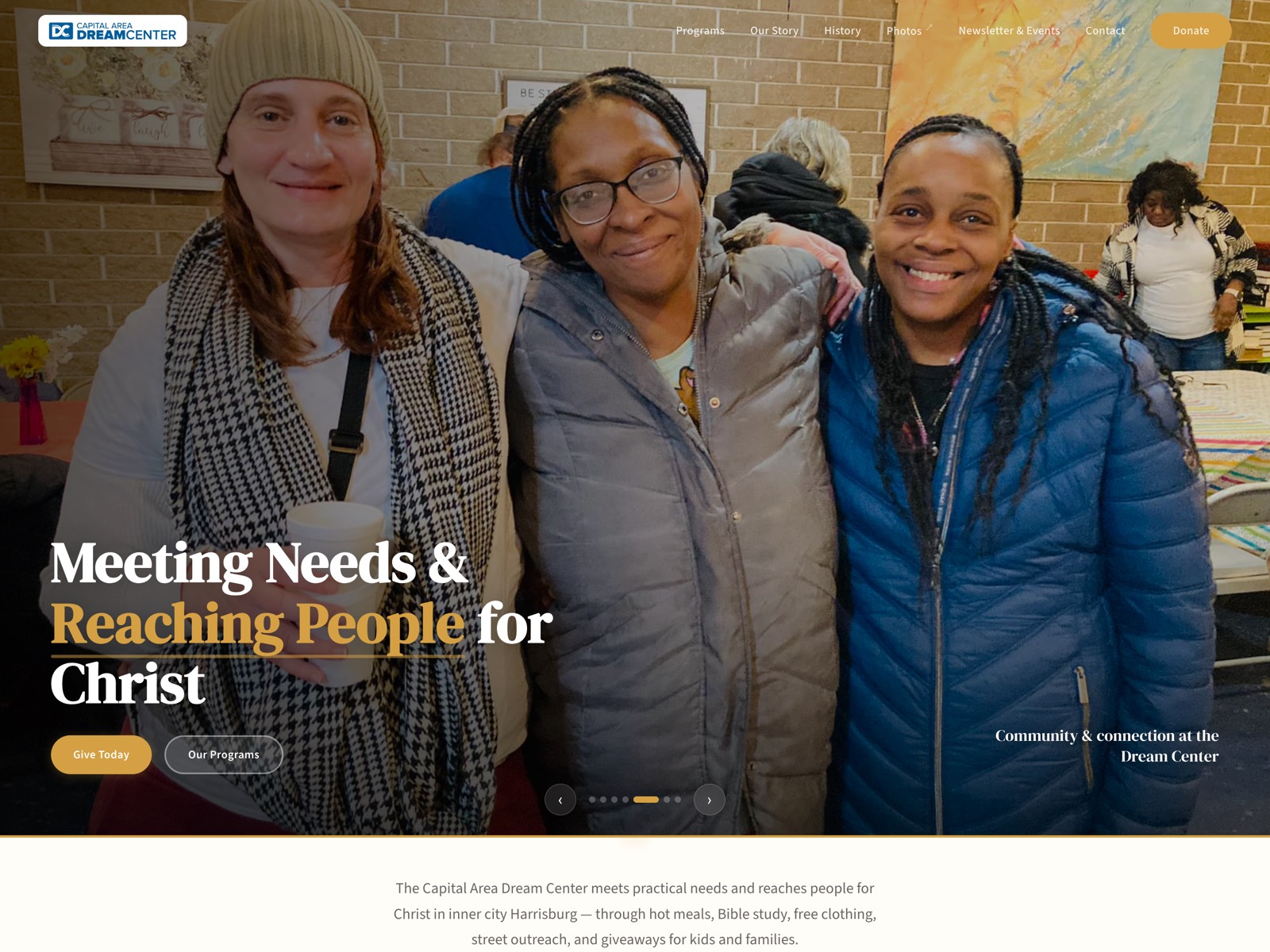 Capital Area Dream Center homepage: hero photo of community members with the headline 'Meeting Needs & Reaching People for Christ'