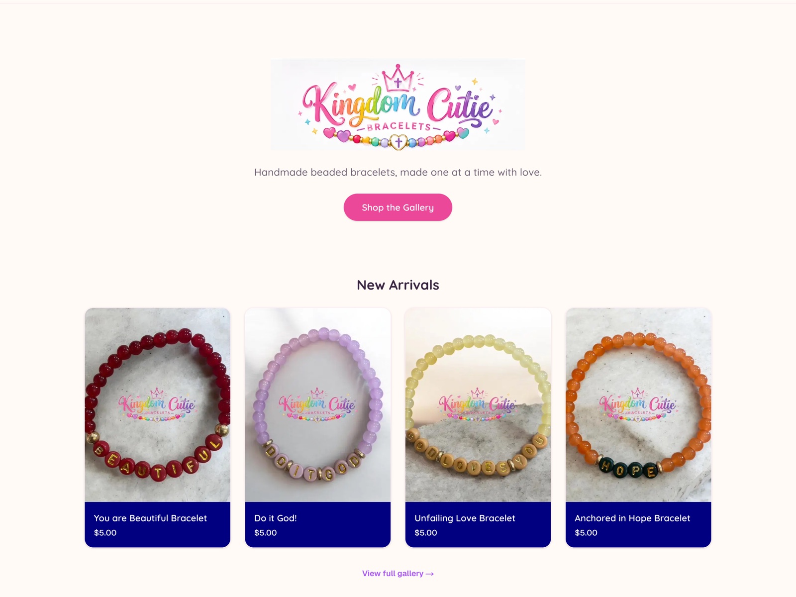 Kingdom Cutie Bracelets storefront: brand logo, tagline, and a New Arrivals grid of handmade beaded bracelets