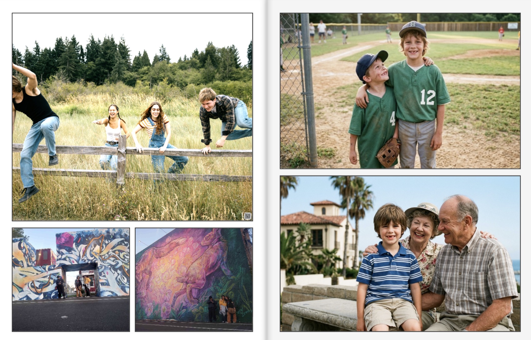 Everyday Love: a finished printed two-page spread, with a small scannable code in the corner of one photo