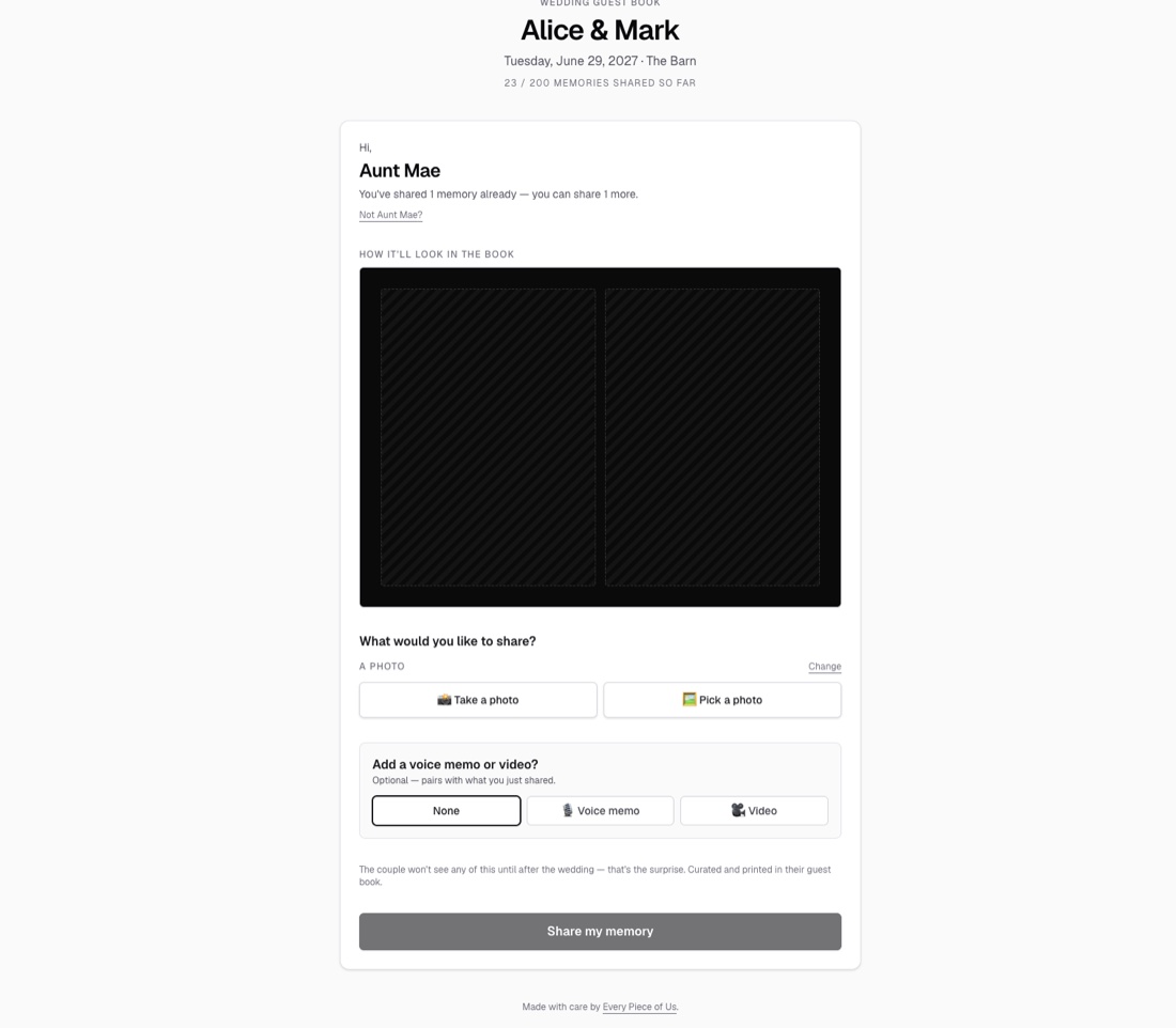 Every Piece of Us contributor screen showing a live preview of the printed page