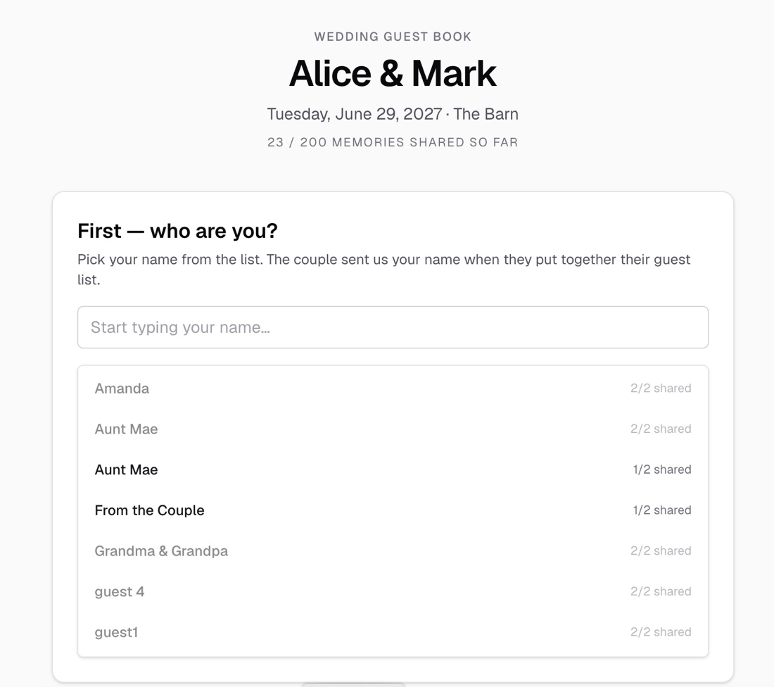 Every Piece of Us: a guest picks their name from the couple's guest list instead of creating an account